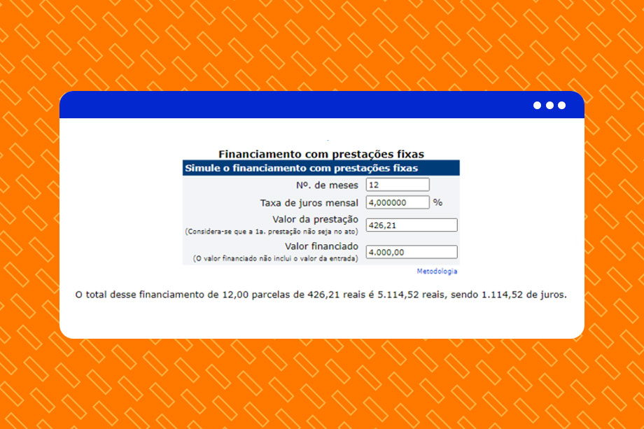 Tela mostra calculadora do Banco Central para ver quanto pagamos em juros por um empréstimo
